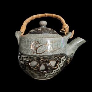 Vintage Japanese Studio Pottery Heart Pierced Teapot Bamboo Handle Crackle Glaze
